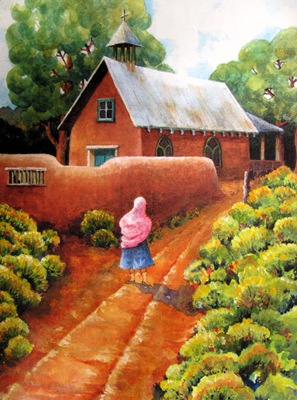 Chuch with Lady in Pink